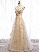 Champagne Tulle Sequins Long Prom Dress Evening Gown